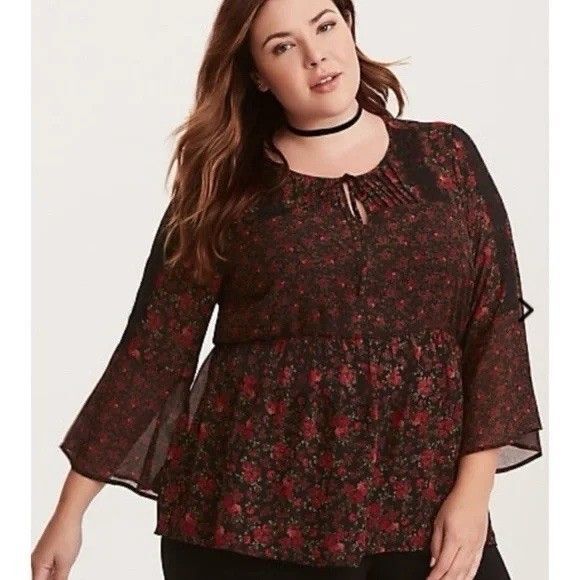 Torrid Black Red Rose Floral Romantic Lace‎ Trim Sheer Blouse 3/4 Boho Goth 1X - Picture 1 of 6